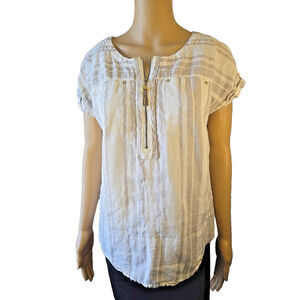 Ellen Tracy Women's White Gray Striped 1/4 Zip Linen Short Sleeve Top Size Small